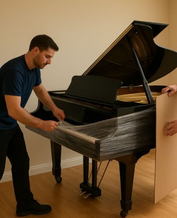 Secure Piano Transport with Protective Wrapping